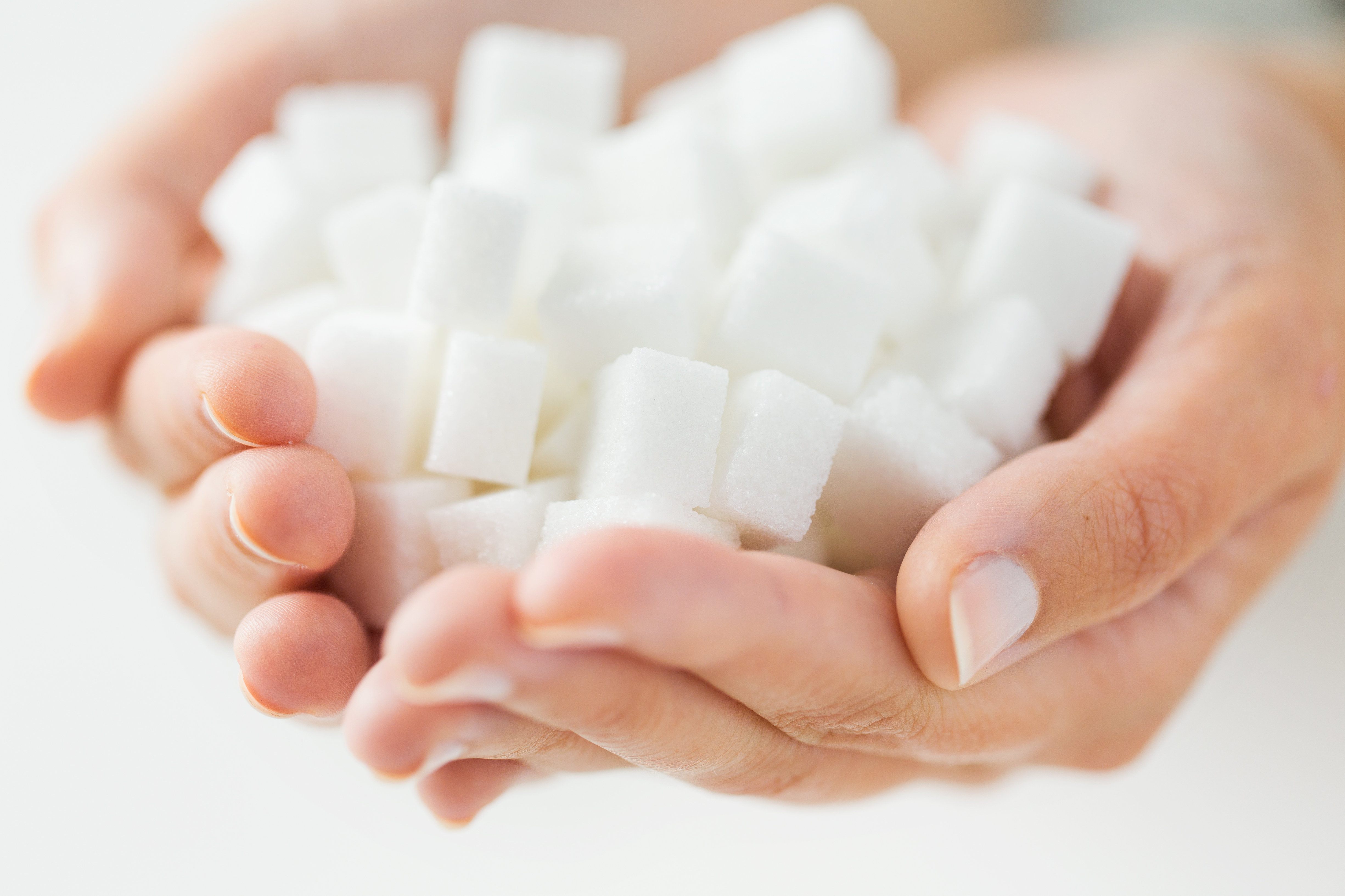 food, junk-food, diabetes and unhealthy eating concept - close up of white lump sugar in woman hands